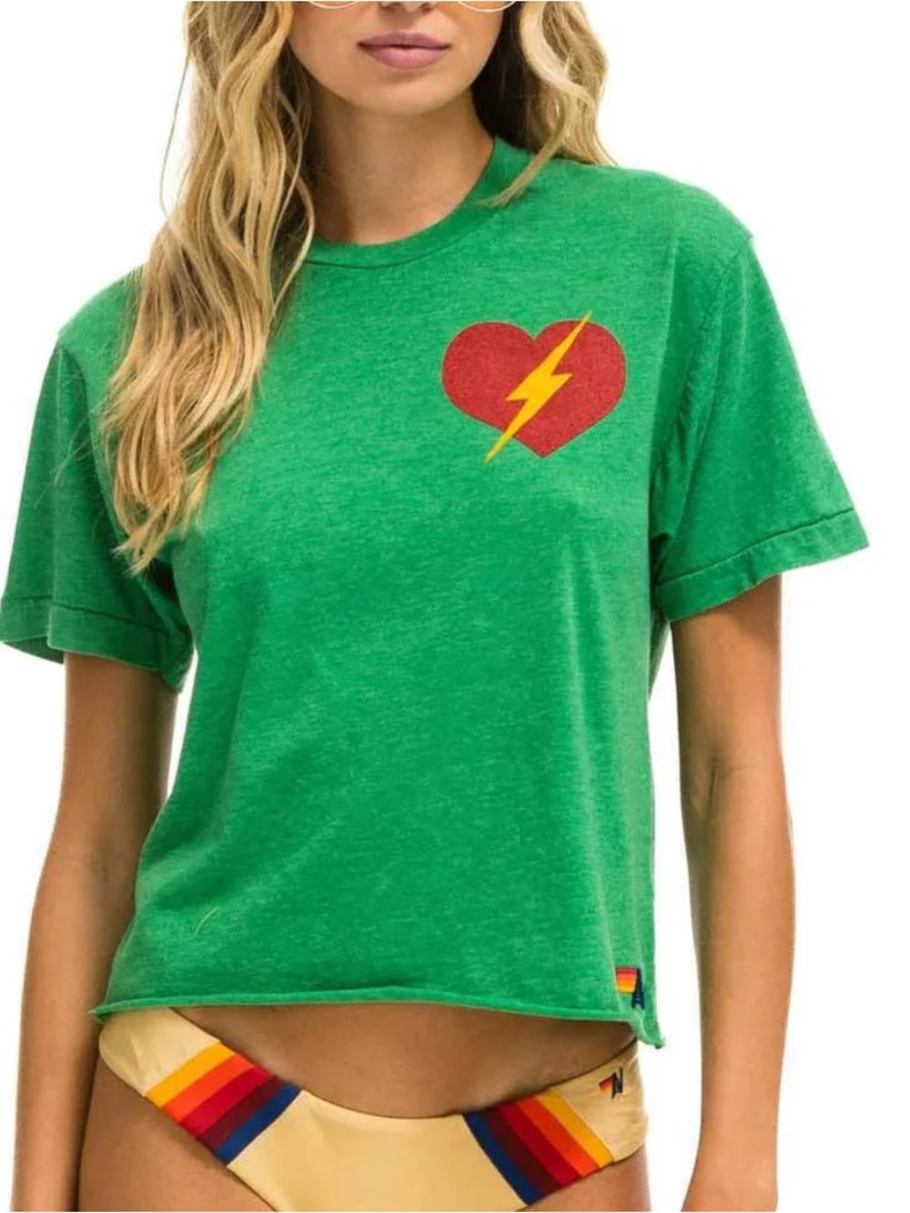 Aviator Nation Green Tee with Red Heart Graphic